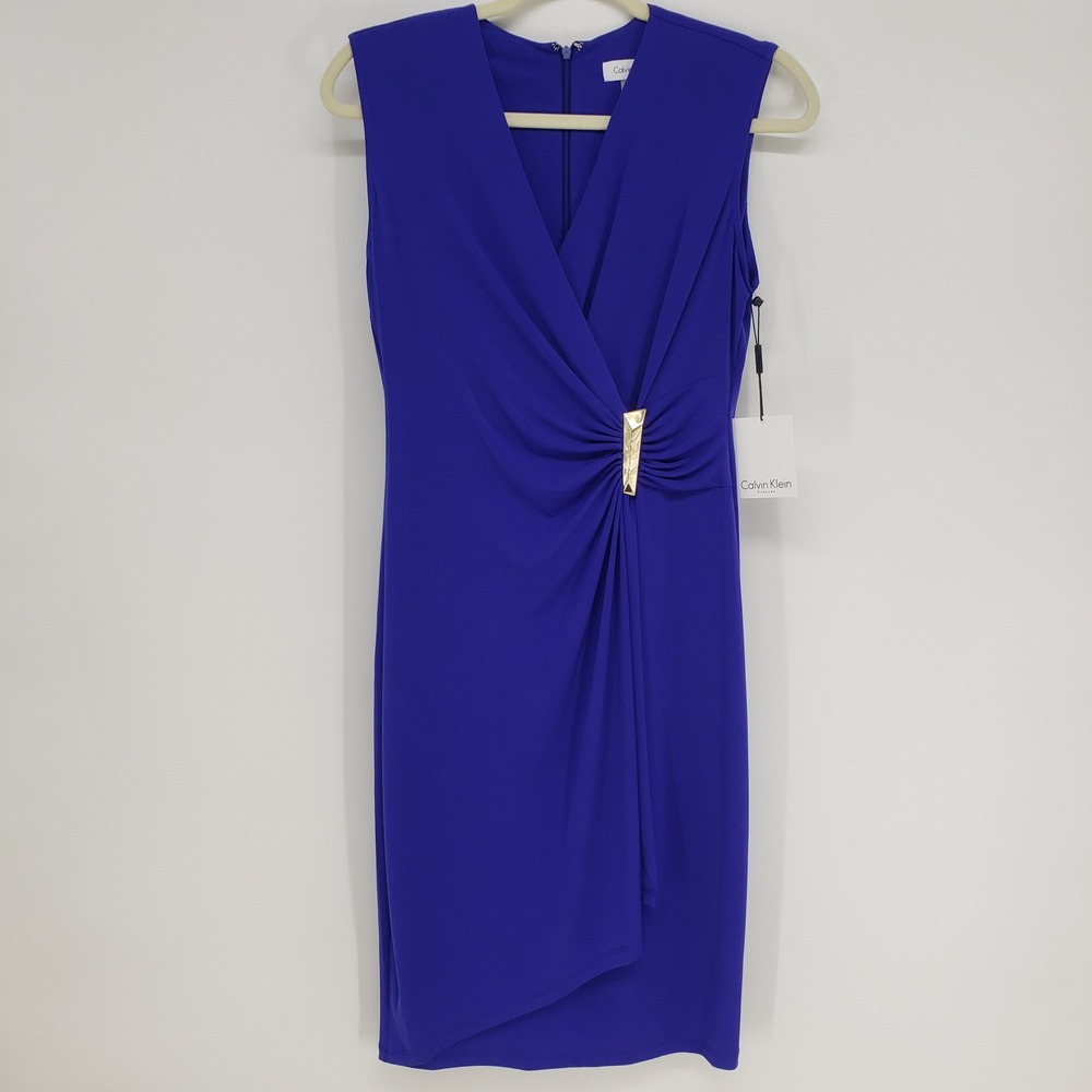 Calvin‎ Klein Faux Wrap Sheath Dress Sz 6 Blue Gold Hardware Sleeveless Cocktail
